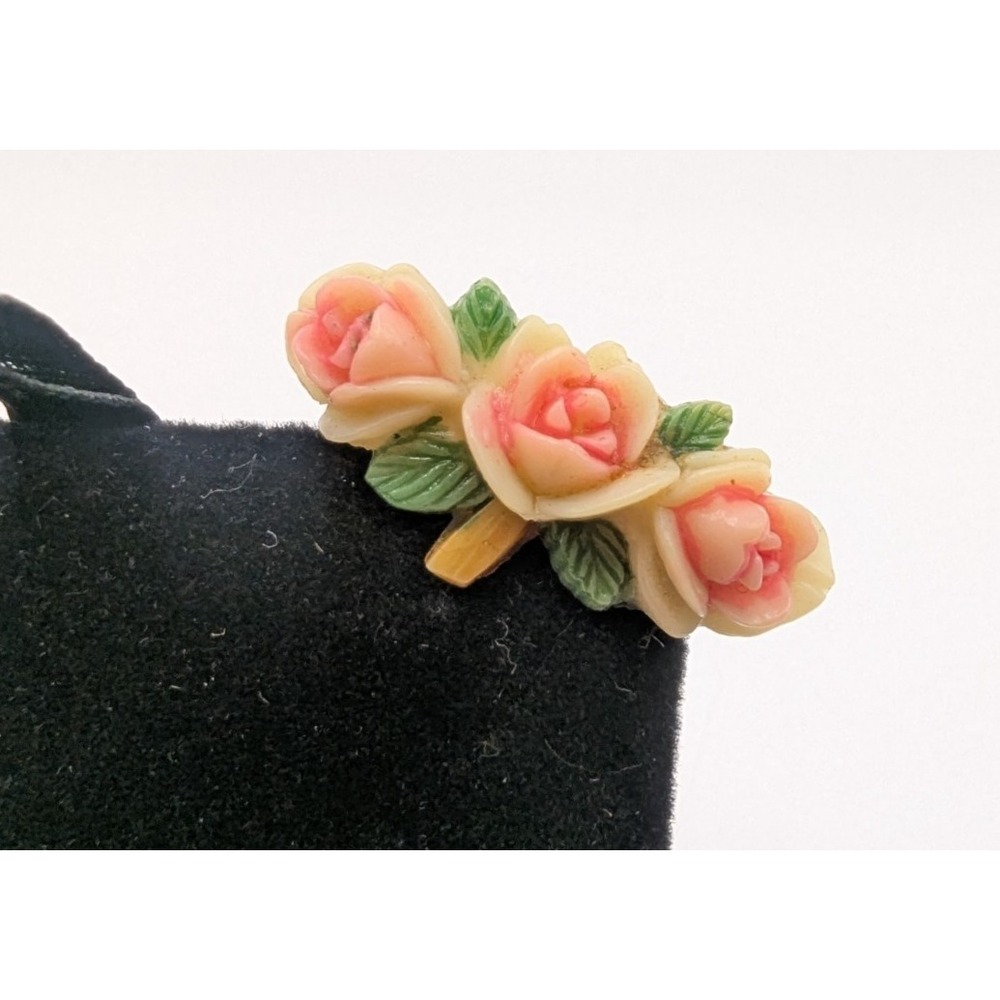 VINTAGE Rose Bud Brooch Celluloid Womens Pink Cream Floral Bar Pin 1 in